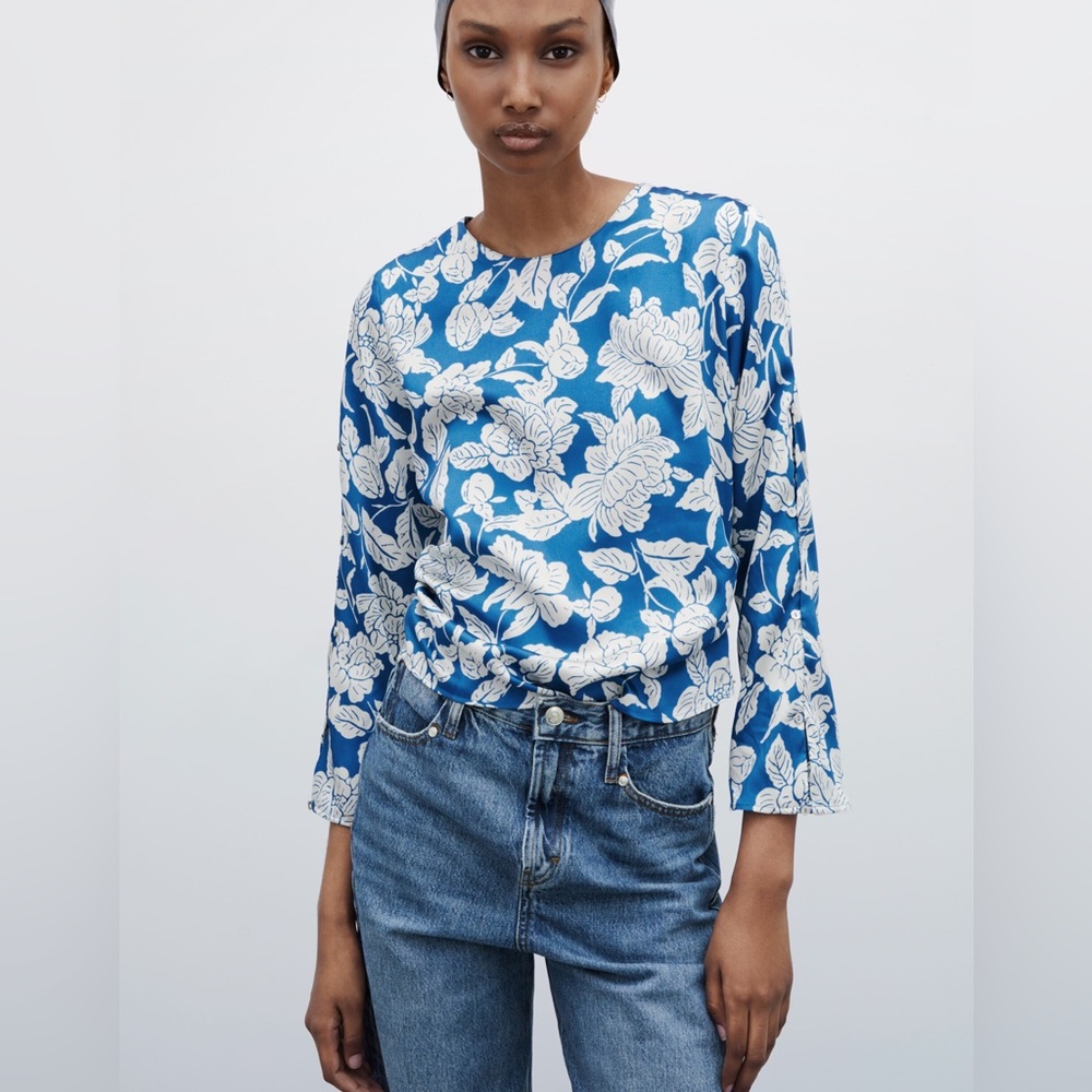 Zara Blue White Floral Satin with Gathering